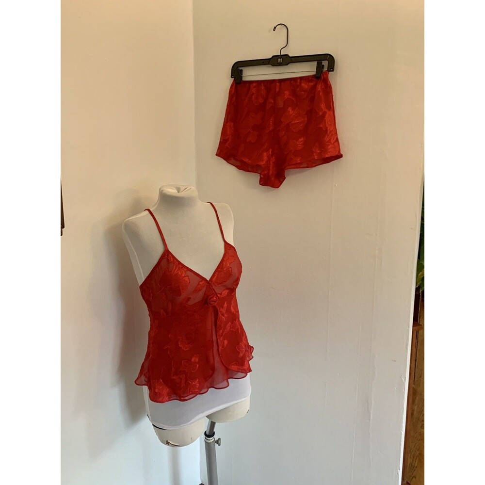 VTG 80s 90s INNER MOST 2 PC Lingerie Set Cami Shorts Sheer Rose Red Teddy Small